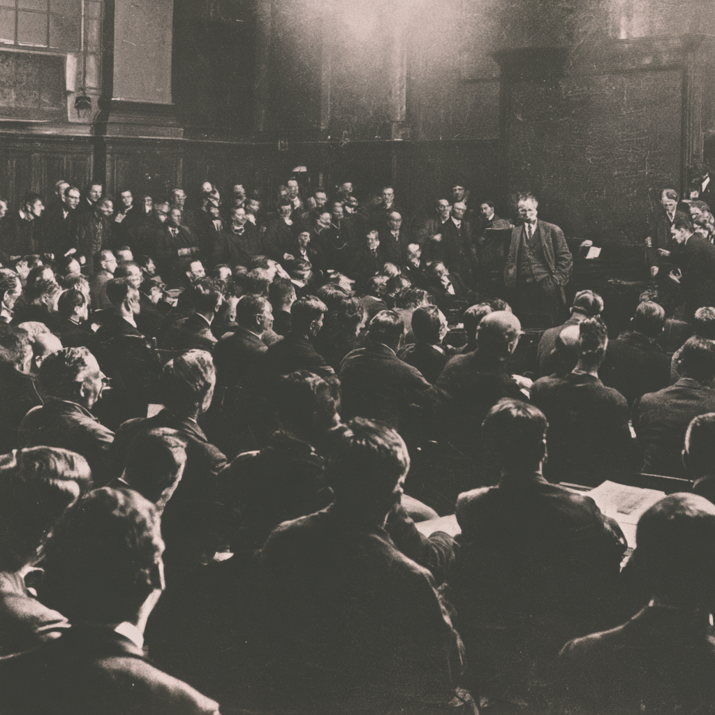 A vintage black-and-white photograph of a large gathering of early twentieth-century physicists listening to a speaker in a wood-paneled hall