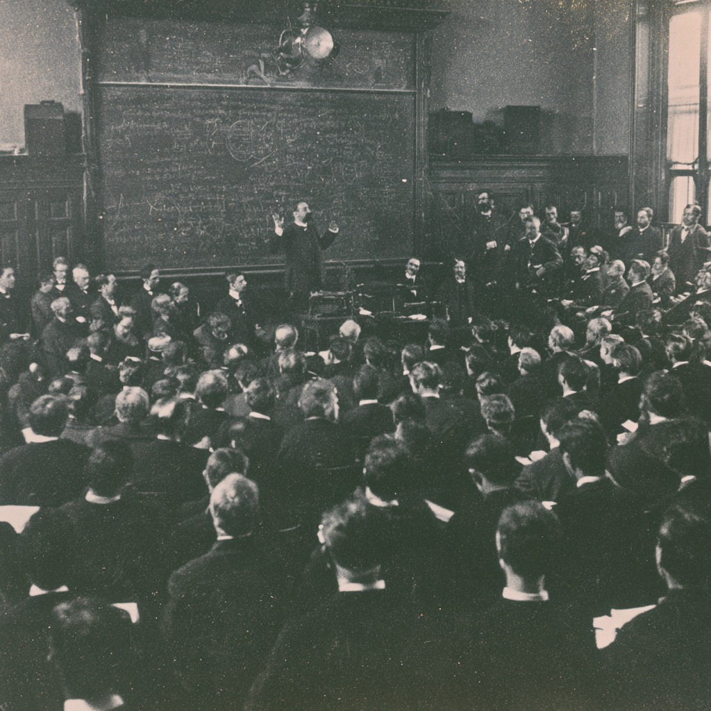 A vintage black-and-white photograph of a physicist lecturing at a chalkboard covered in equations before a large seated audience