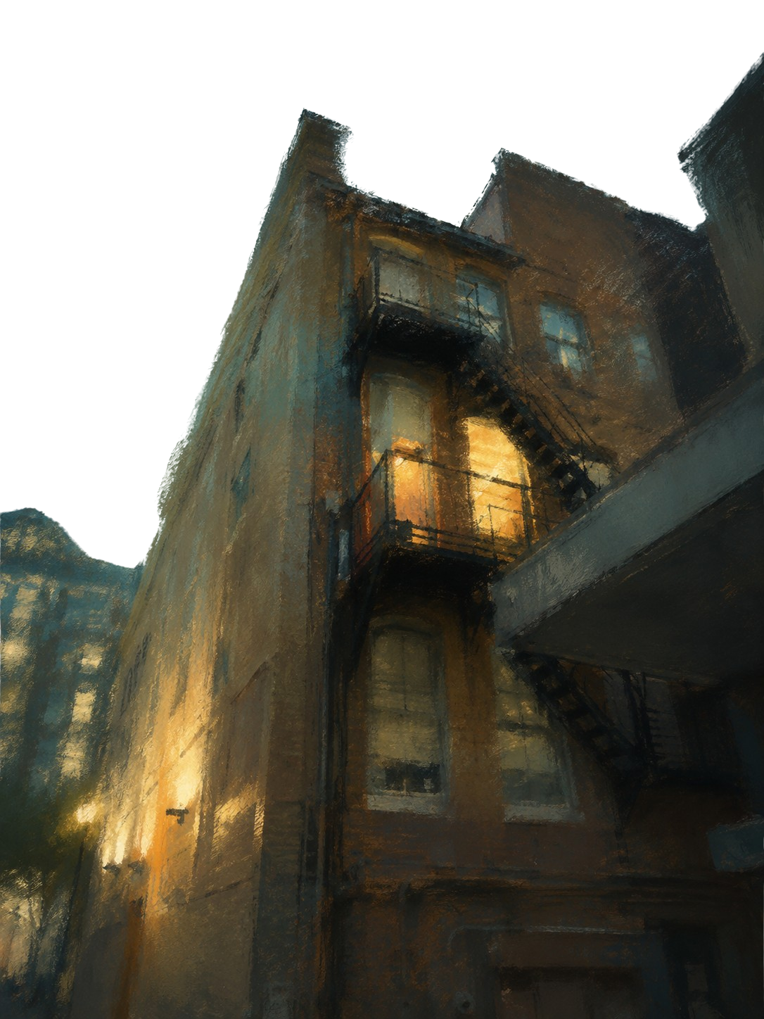 Painterly illustration of the society's Downtown Norfolk building at dusk