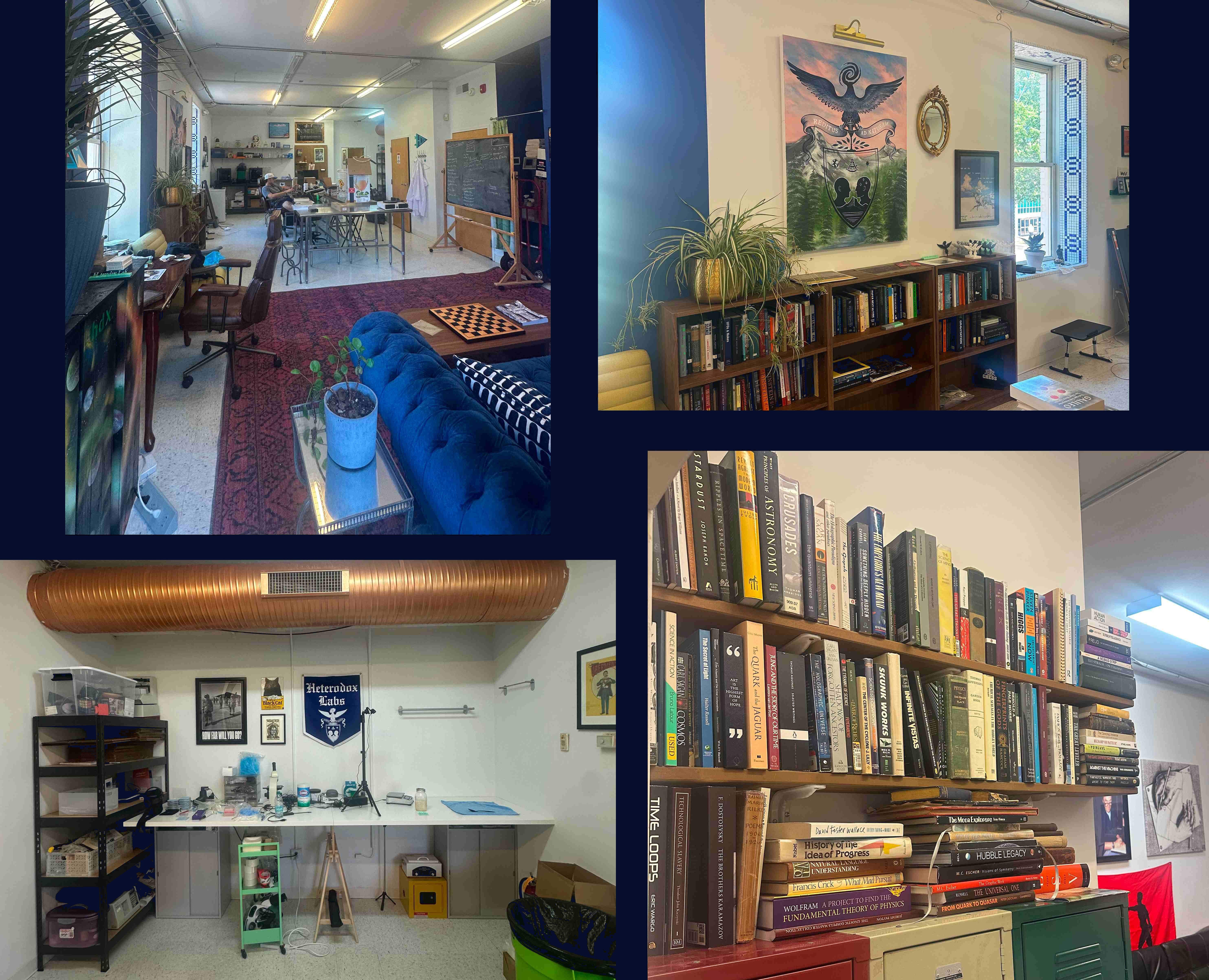 A collage of the Heterodox Labs space: studio room with sofa and chessboard, bookshelves beneath the phoenix crest painting, a lab workbench with the Heterodox Labs pennant, and a wall of science and philosophy books