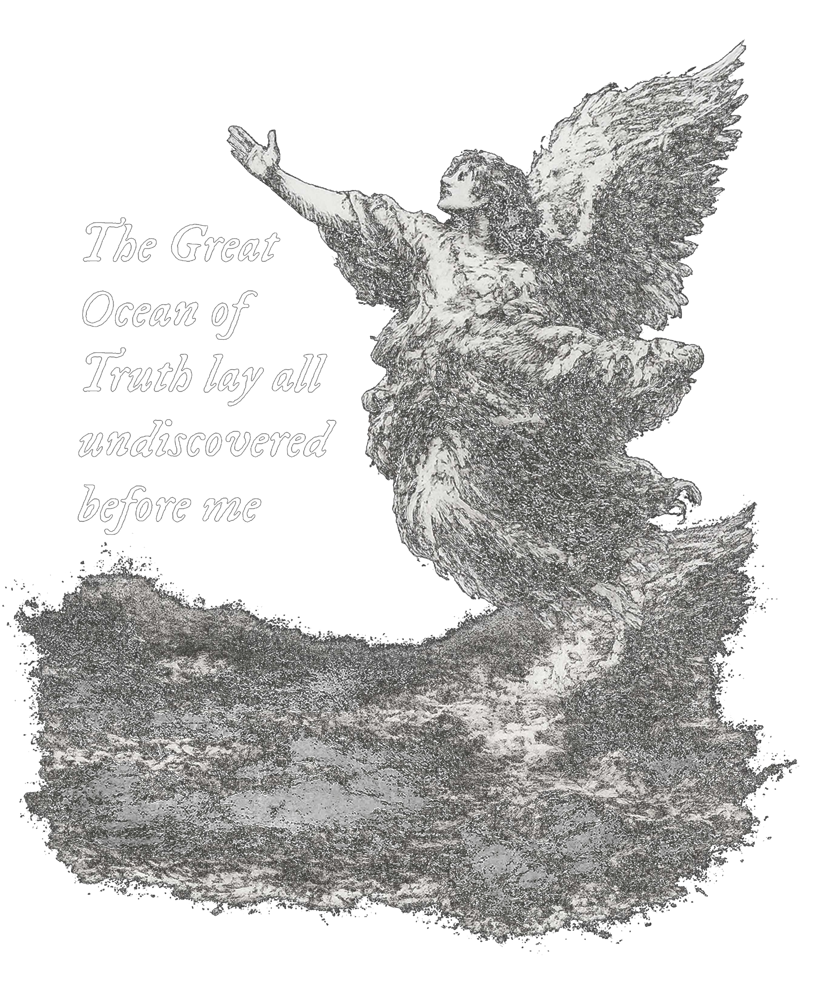 Print graphic of a winged figure rising from the sea with the text "The Great Ocean of Truth lay all undiscovered before me"