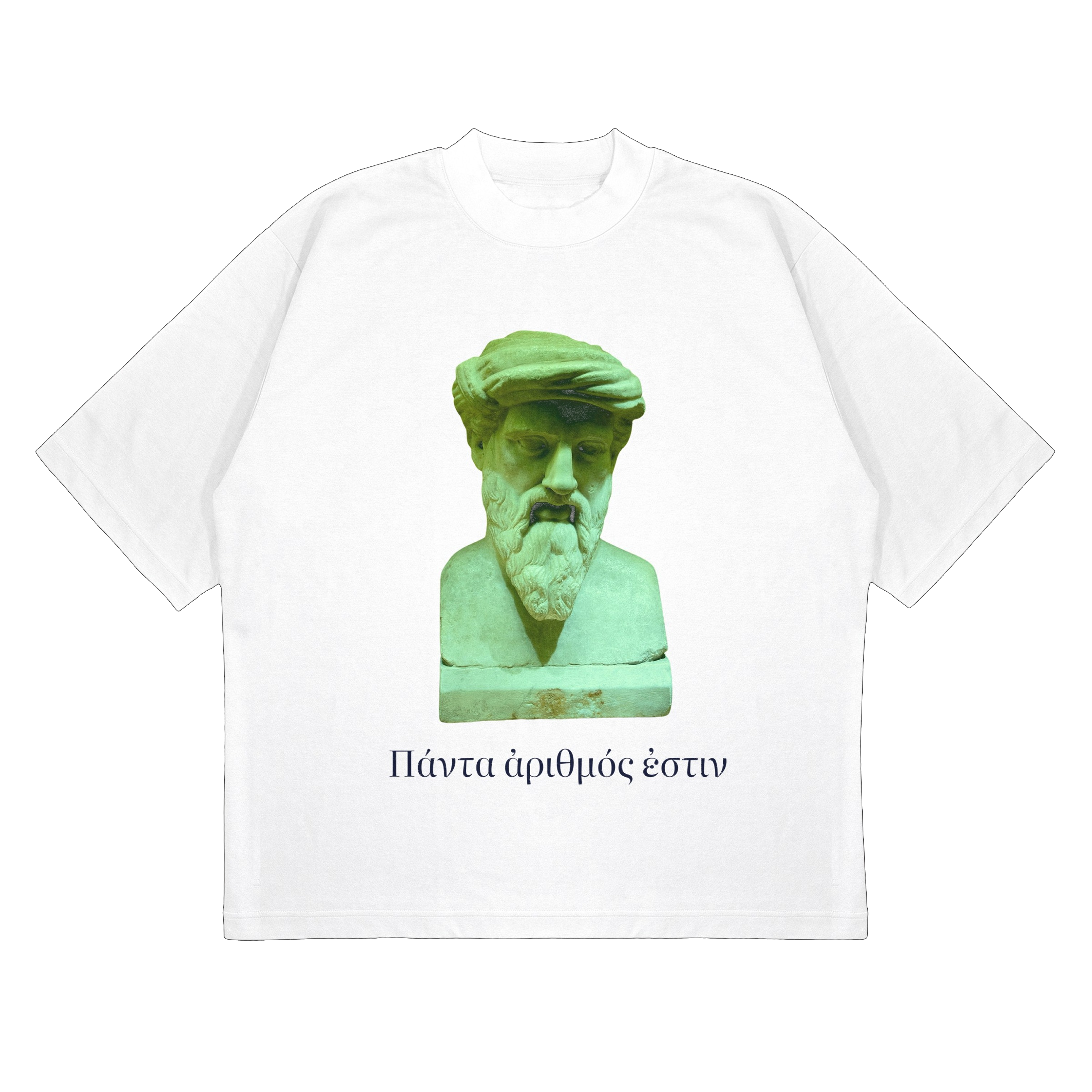 White t-shirt with a green-toned bust of Pythagoras and the Greek phrase Πάντα ἀριθμός ἐστιν